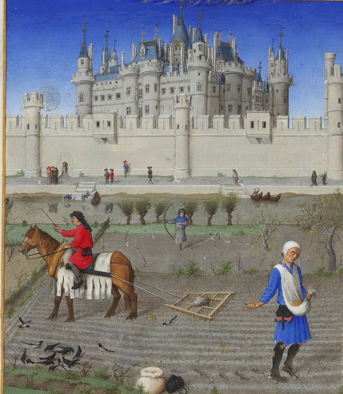 Вид на Луврский замок с юга. Миниатюра из «Великолепного часослова герцога Беррийского», XV век