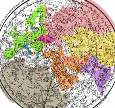 Рис. 2. Отображение карты Неба на поверхность Земли (с центром в Царьграде-Стамбуле, ок. 1 тыс. до н.э.)