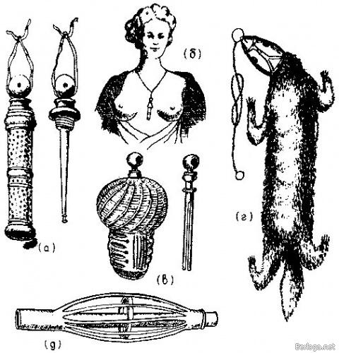 Разные виды блохоловок в форме ожерелий, бывшие в употреблении в XVIII веке (по Busvine 1976)